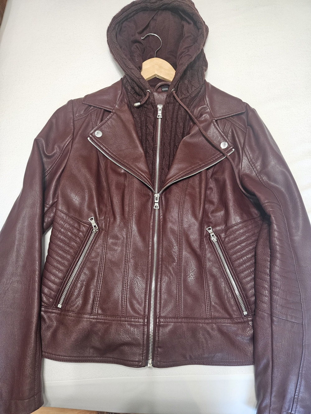 Guess Women's Burgundy Leather Moto Jacket with Hood